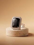 Silver Black Rectangle Halo Ring | RGIN20