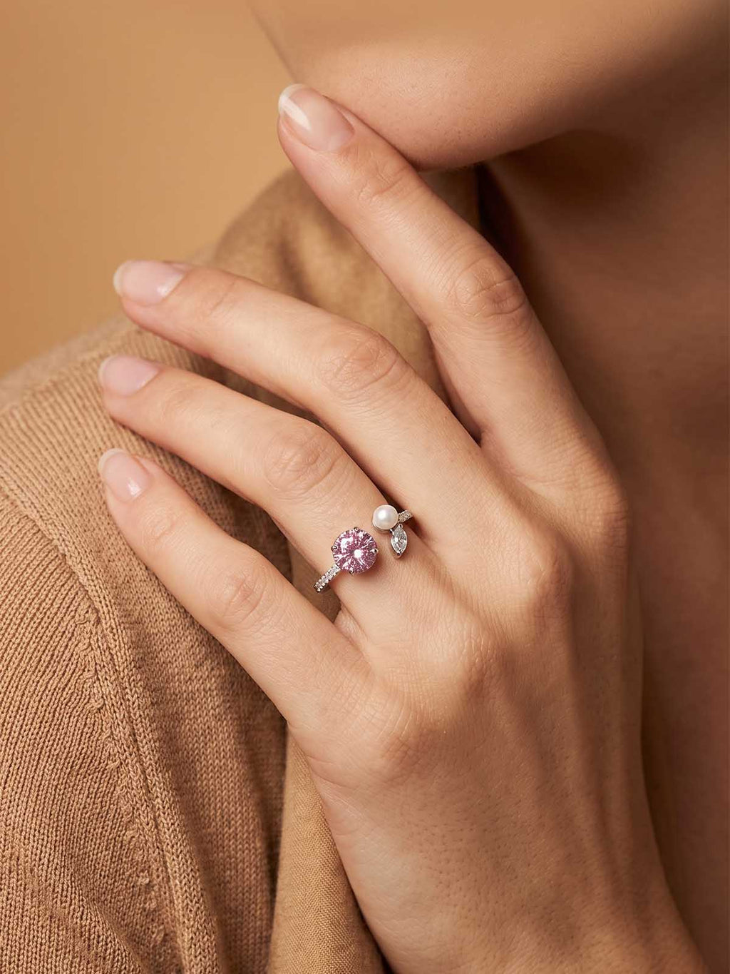 Silver Pink Flower Accent Ring | RGIN42