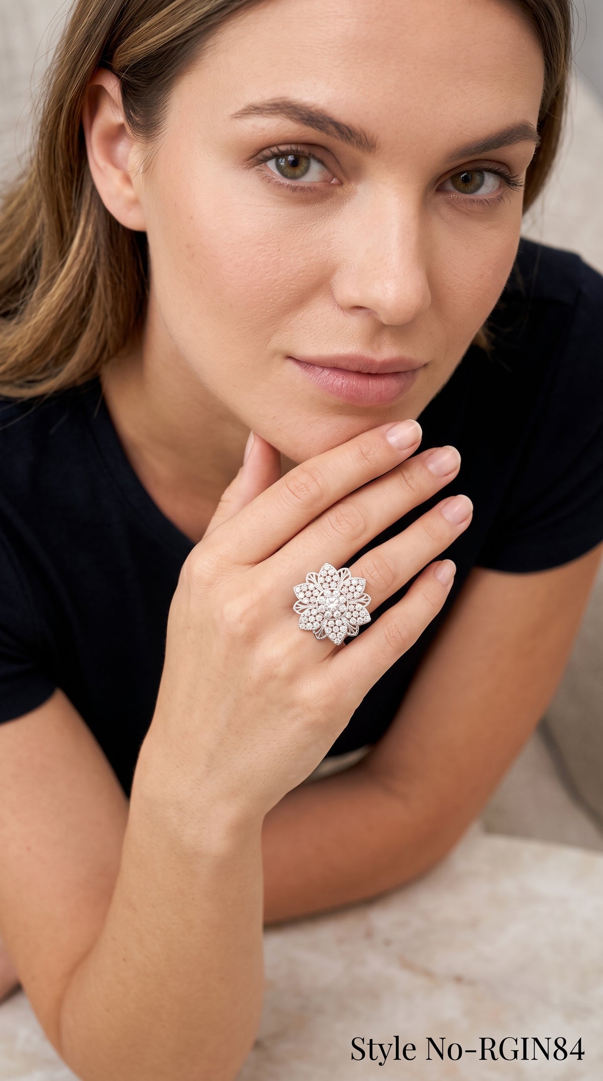 Silver Crystal Flower Statement Ring | RGIN84