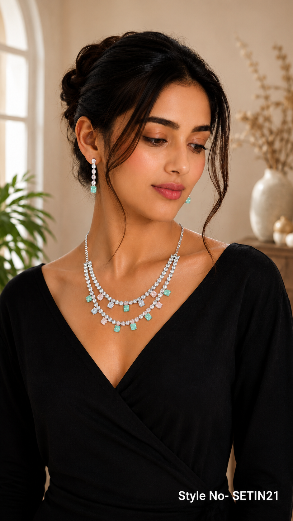 Silver Aqua Accent Layered Necklace Set | SETIN21