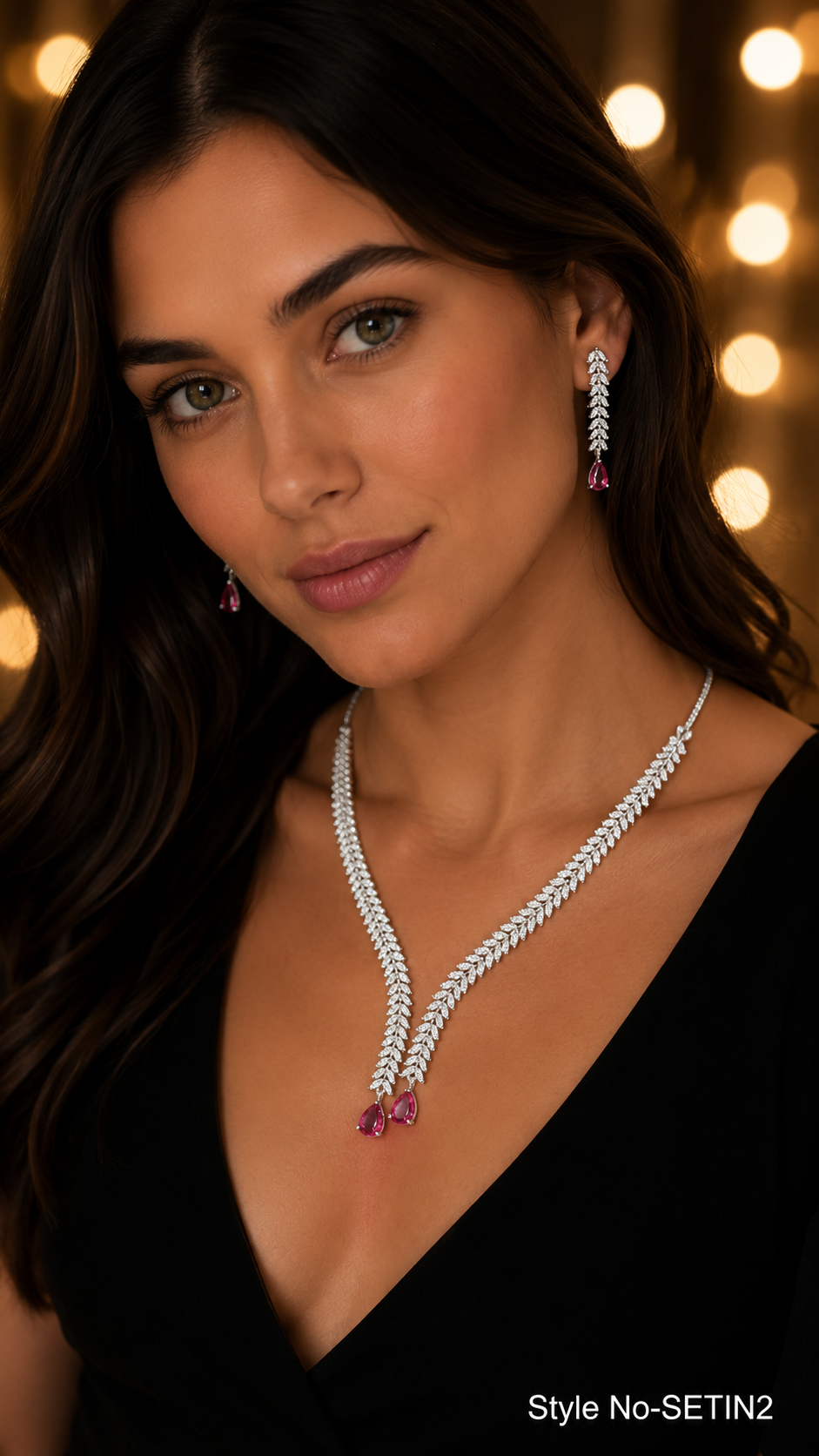 Silver Pink Crystal Necklace and Earring Set | SETIN2
