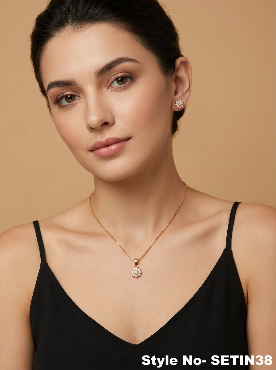 Rose Gold Crystal Flower Necklace Set | SETIN38