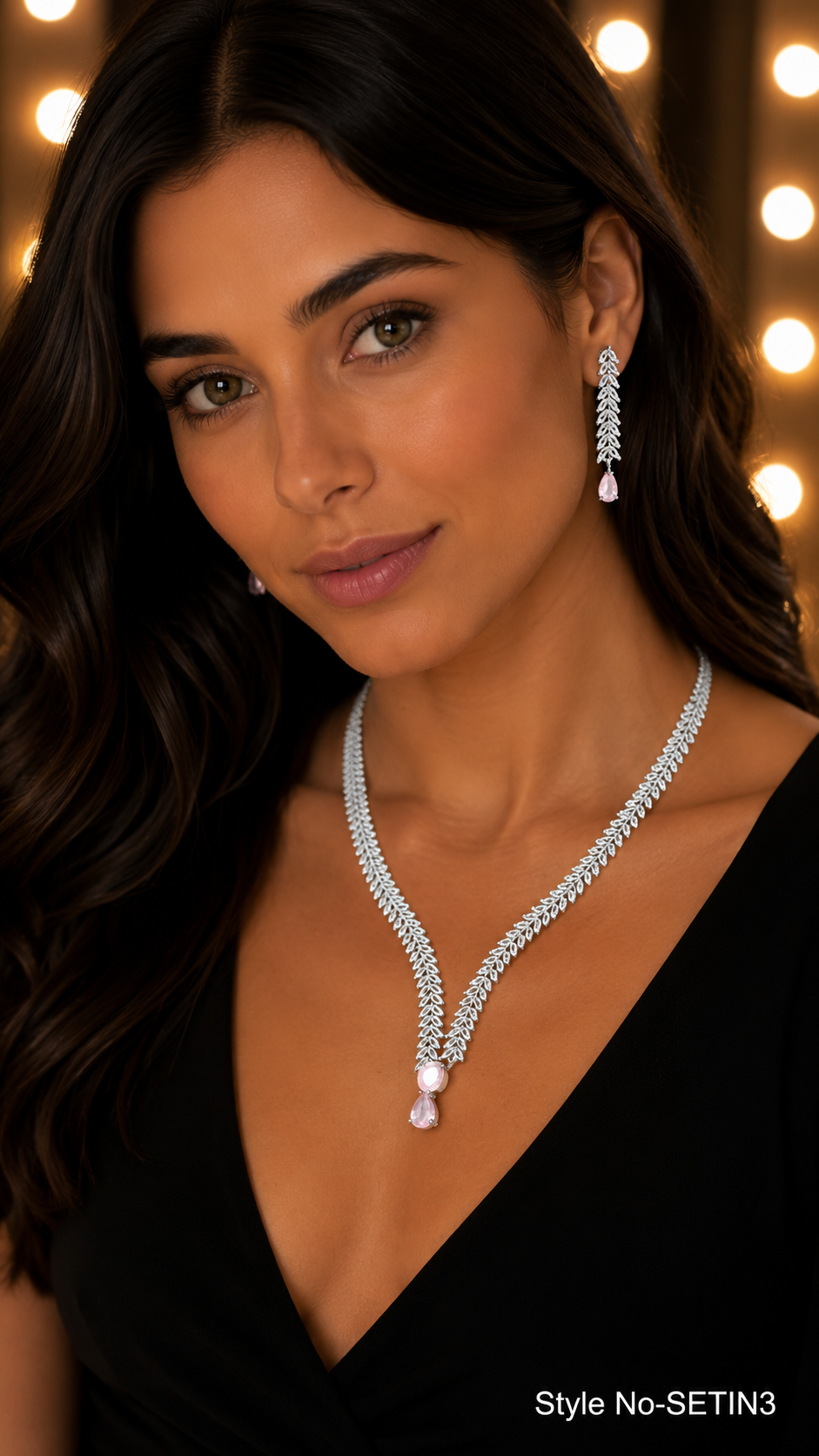 Silver Pink Drop Necklace and Earring Set | SETIN3
