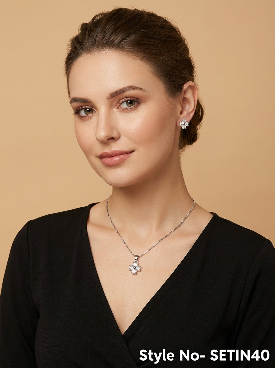 Silver Crystal Cluster Necklace and Earring Set | SETIN40