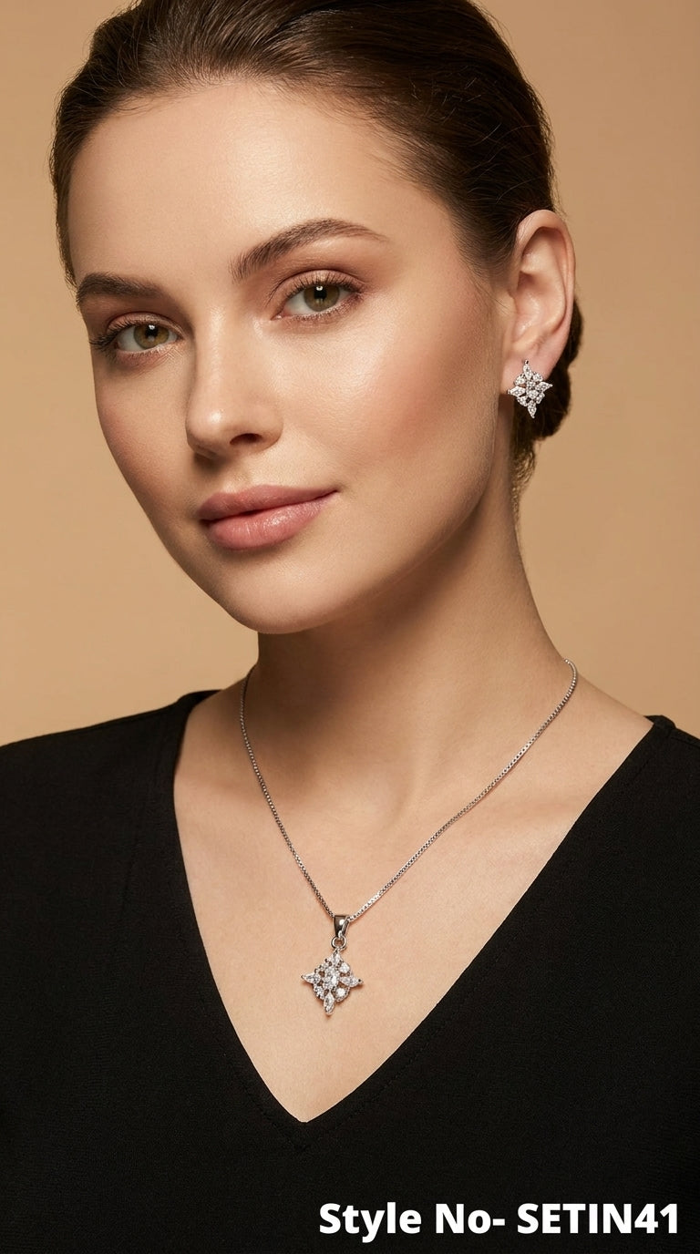 Silver Diamond Motif Necklace Set | SETIN41