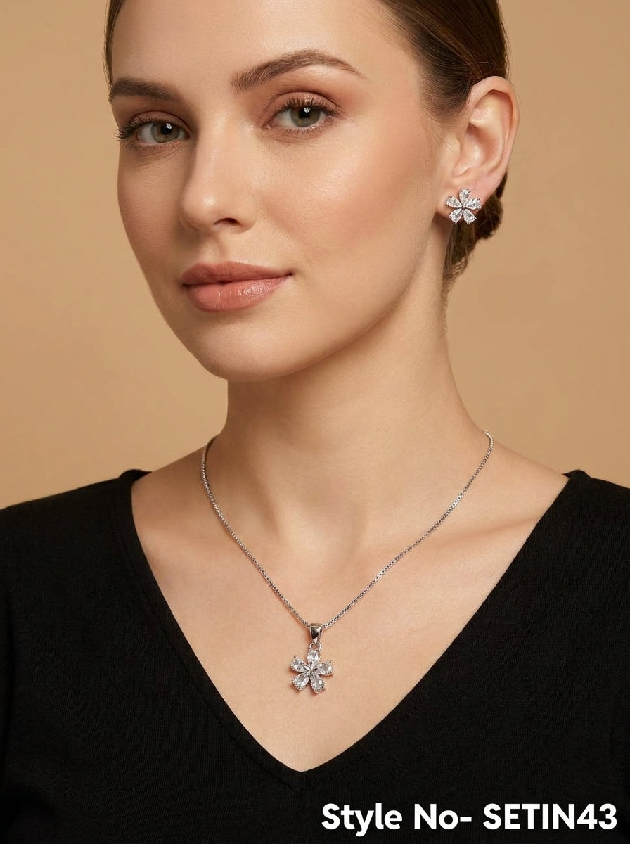 Silver Floral Drop Necklace and Earring Set | SETIN43