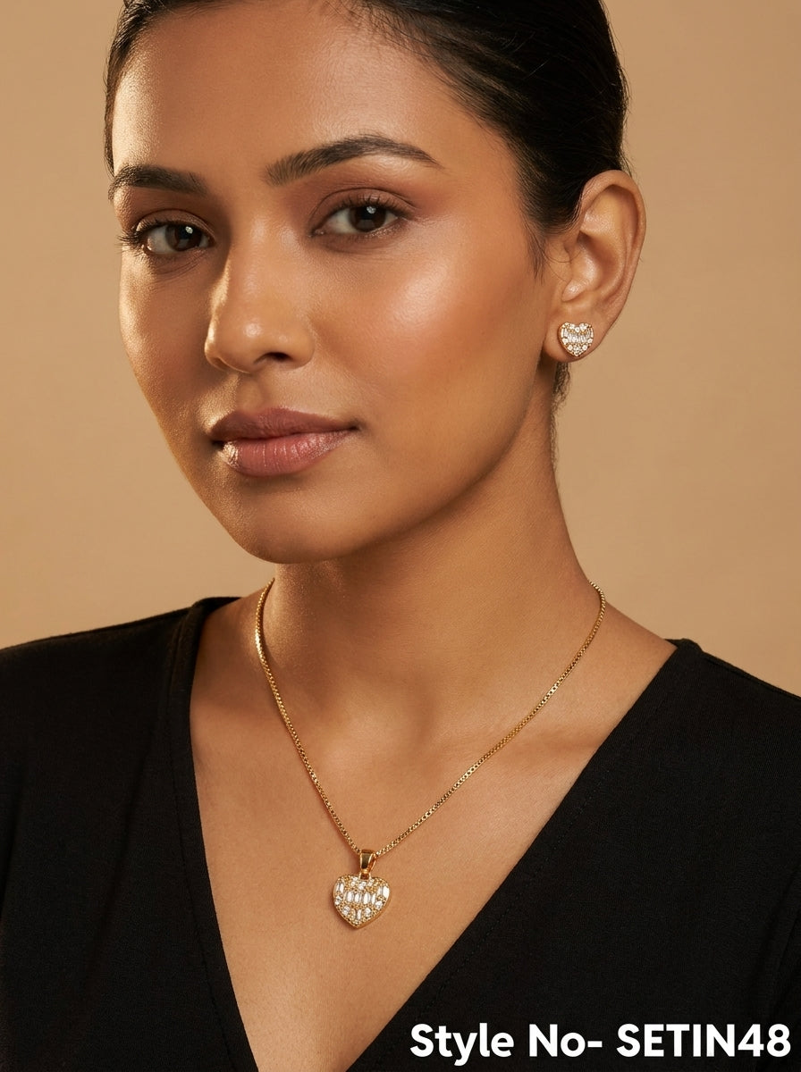 Rose Gold Heart Crystal Necklace Set | SETIN48