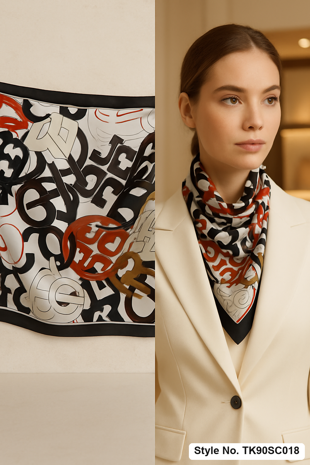 Square Geometric Logo Motif Scarf with Dark Framed Border