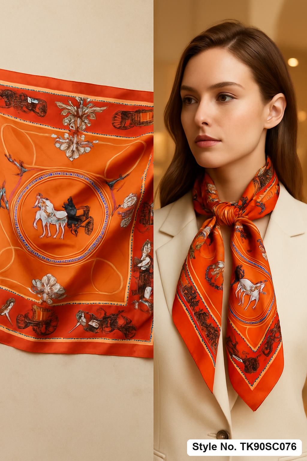 Square Equestrian Horse & Carriage Scarf with Rope Scroll Accent