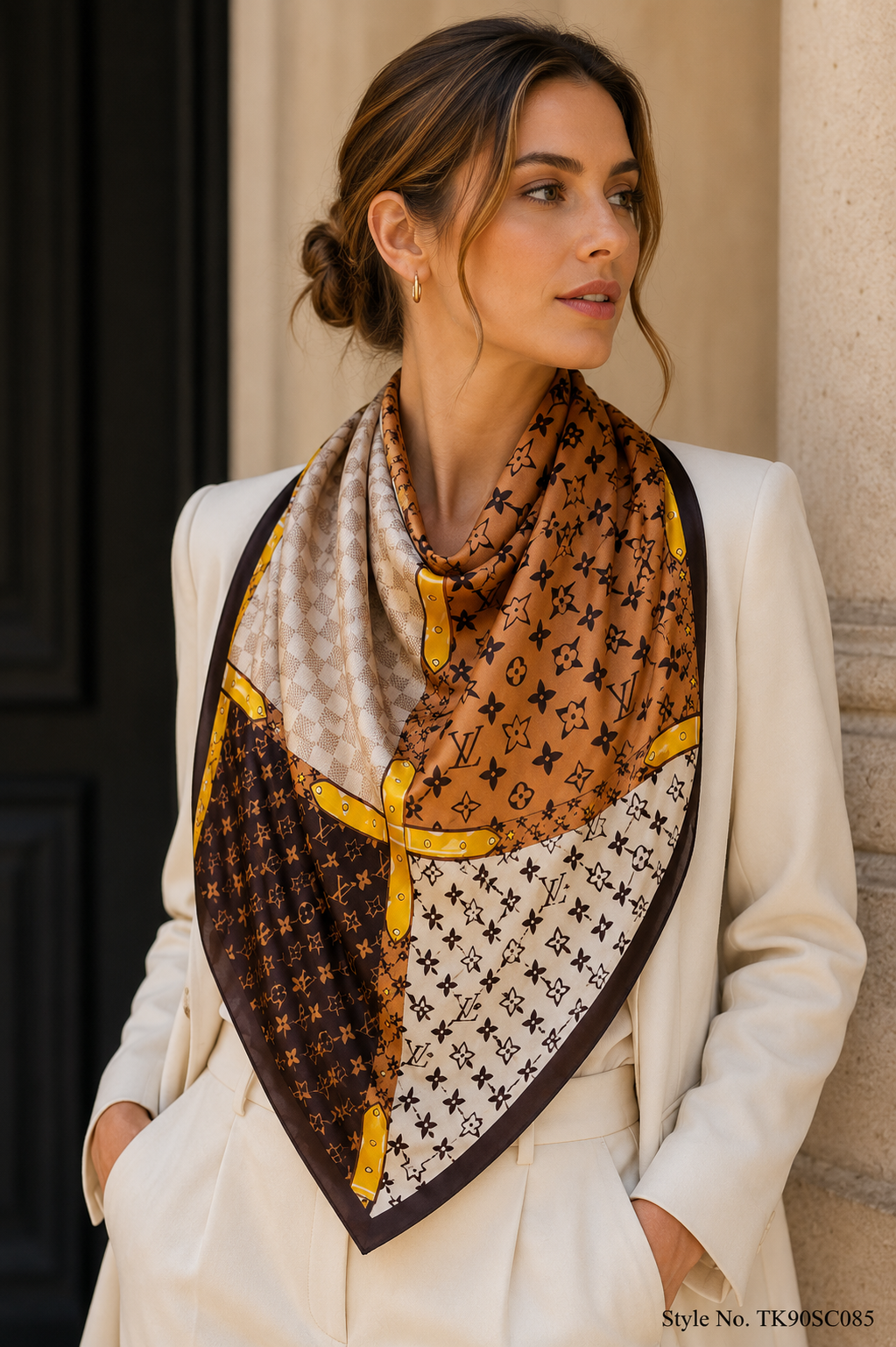 Square Four-Quadrant Monogram Scarf with Strapped Belt Detail