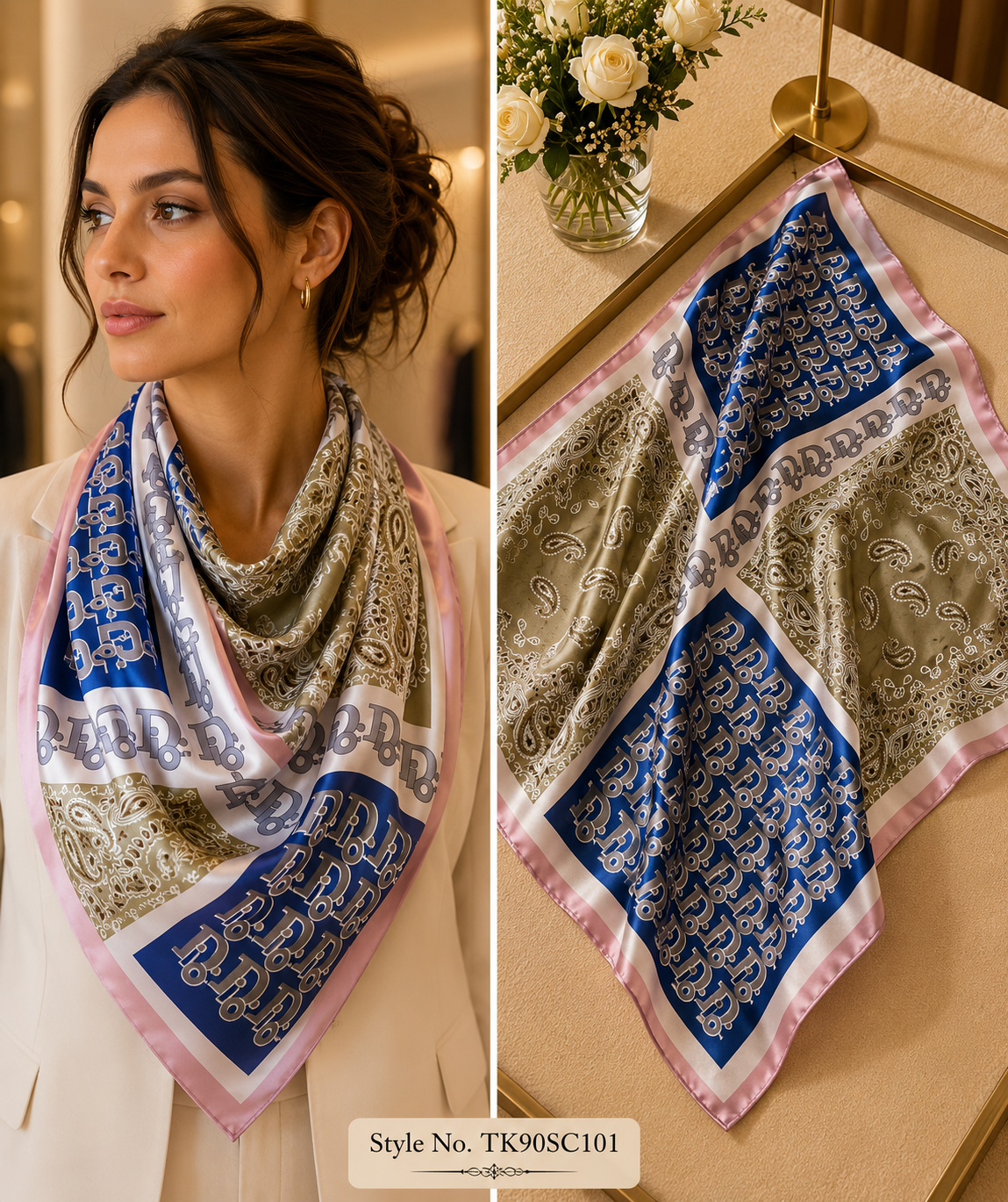 Square Four-Block Paisley & Lettering Scarf with Contrast Edge Framing