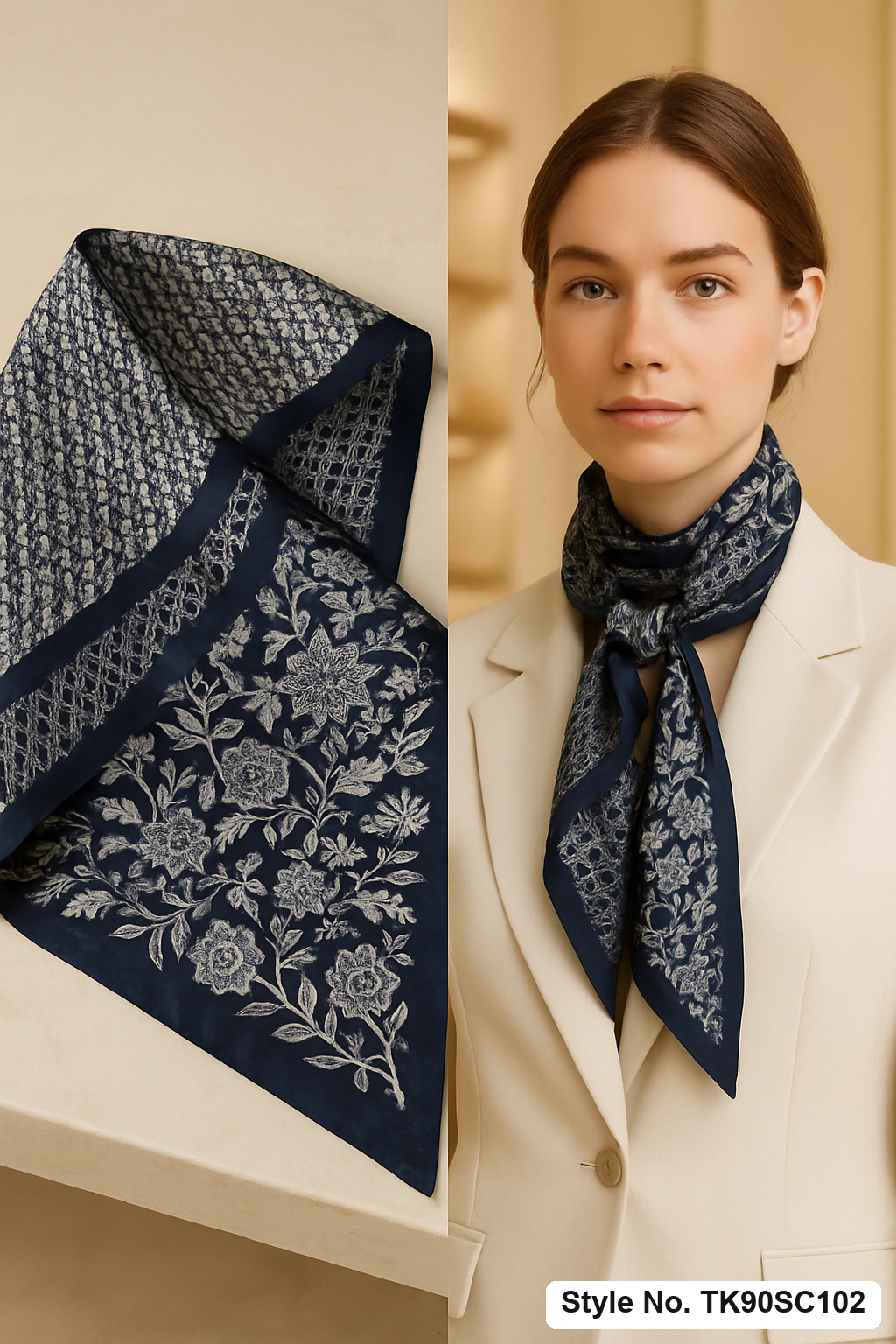 Square Diagonal Patchwork Scarf with Botanical Print & Monogram Panels