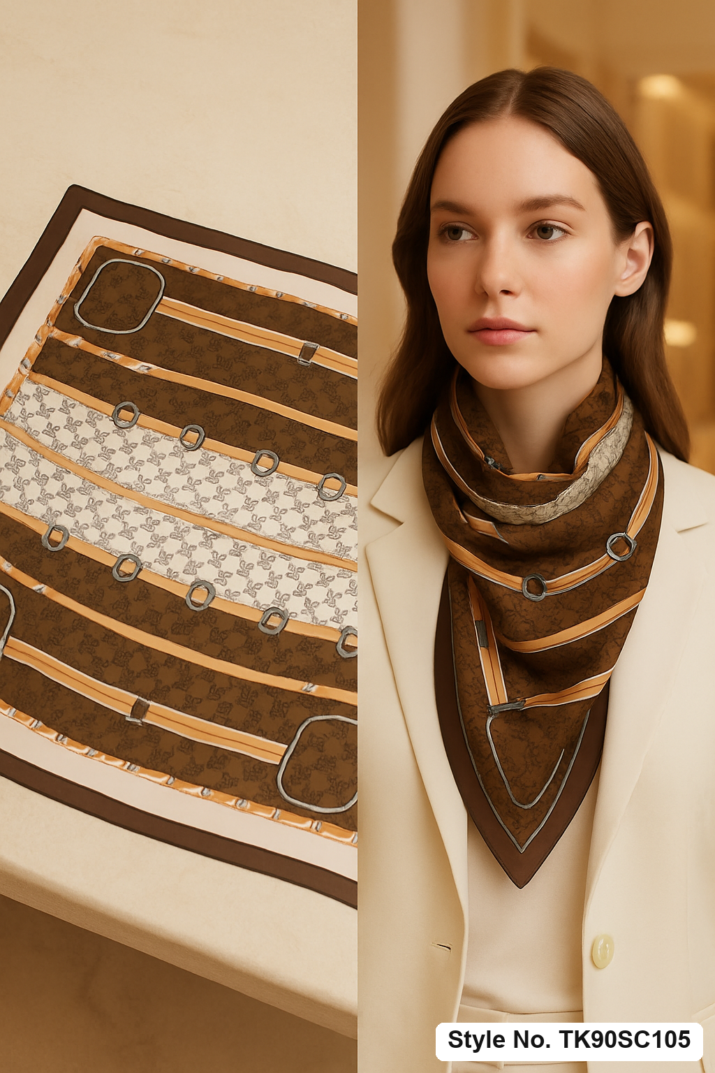 Square Equestrian Horsebit & Stirrup Motif Scarf with Monogram Bands