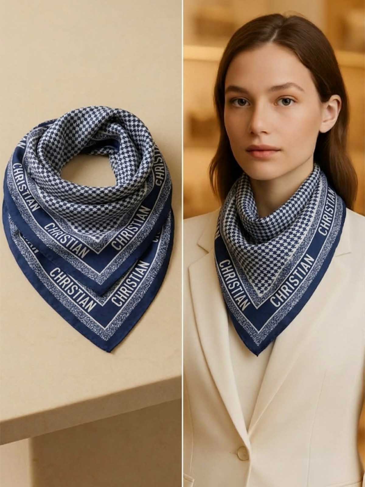 Square Micro Grid Scarf with Typography Edge Band