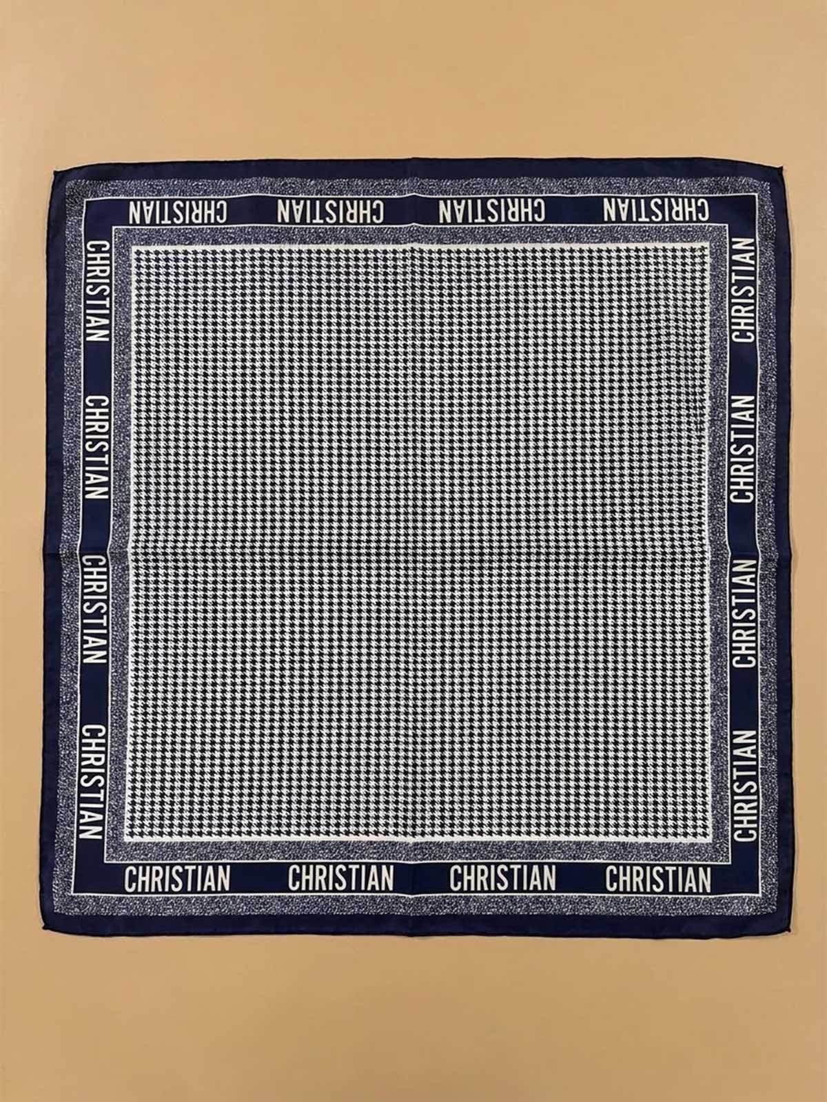Square Micro Grid Scarf with Typography Edge Band