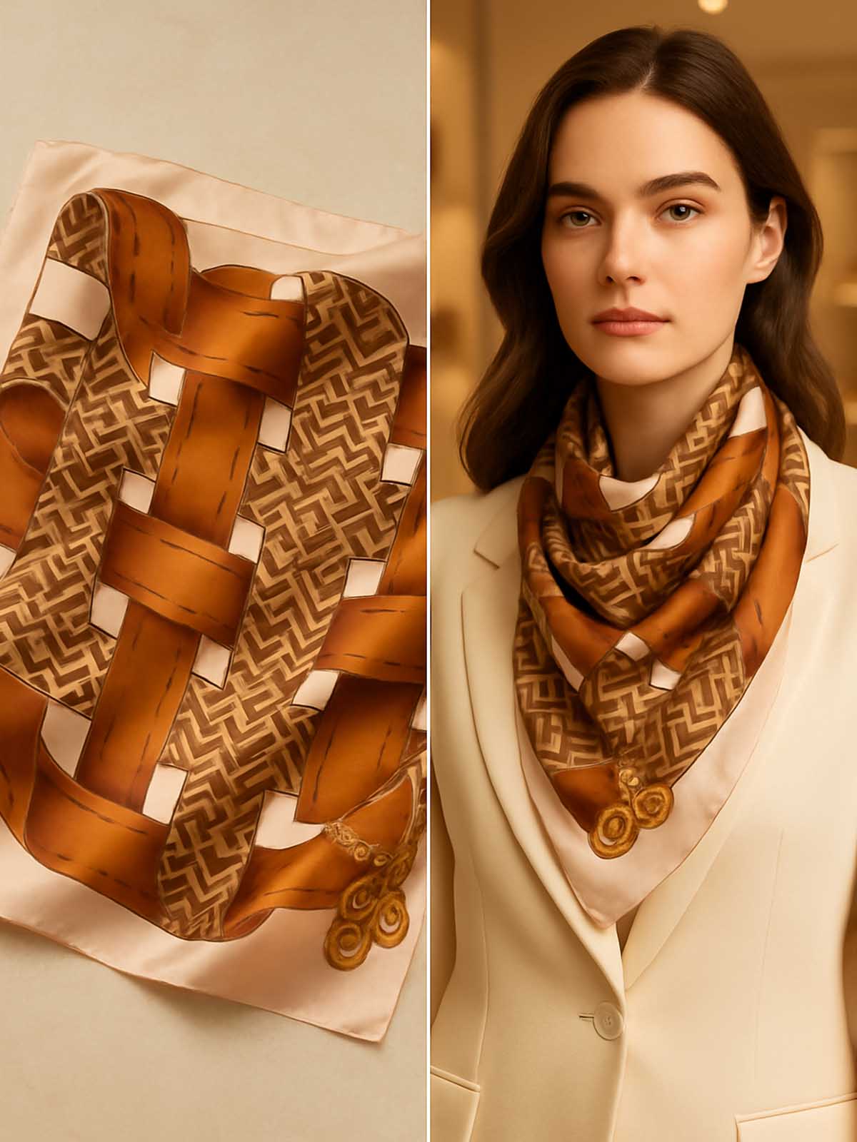 Square Interwoven Ribbon Scarf with Labyrinth Geometric Lattice