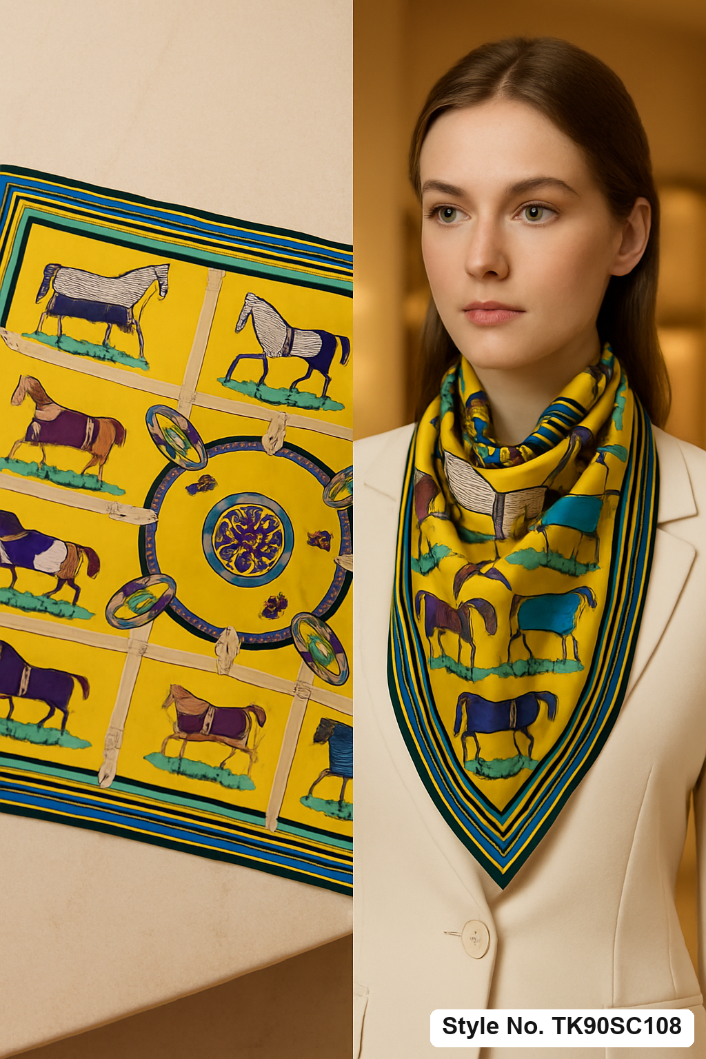 Square Equestrian Horse Motif Scarf with Strap Grid & Crest Medallion