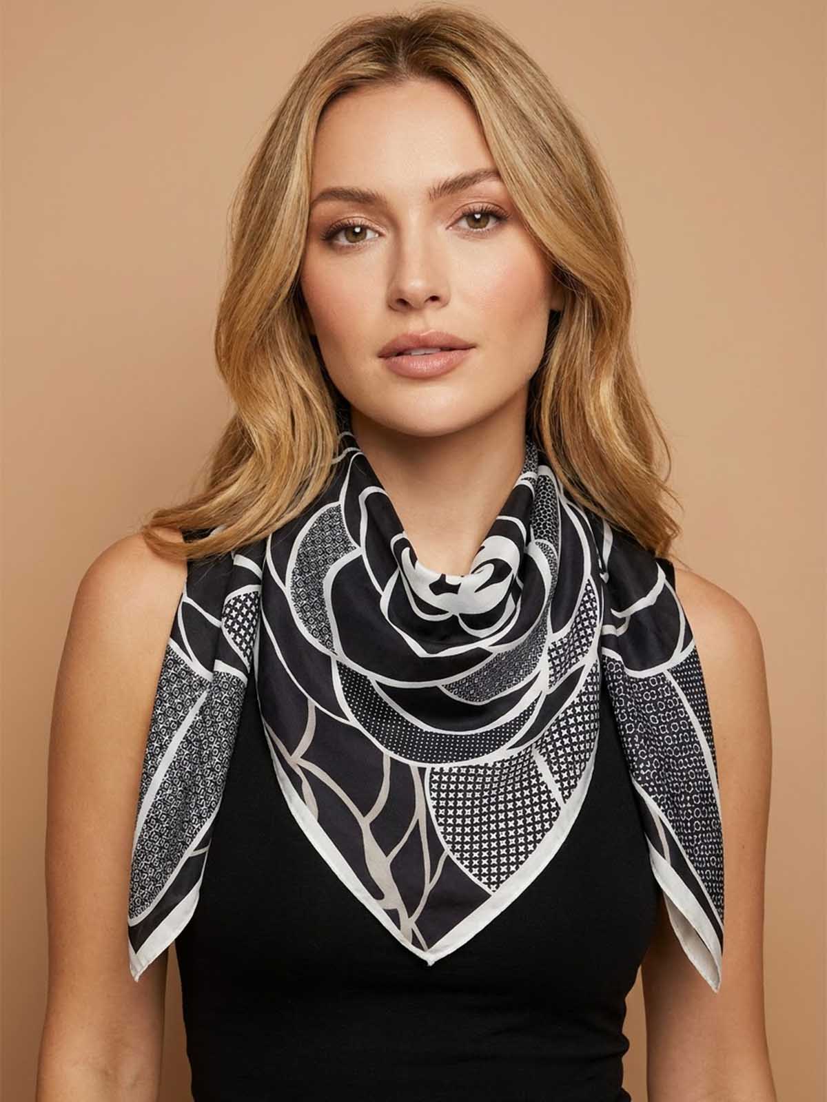 Square Camellia Floral Bloom Scarf with Textured Micro-Pattern Petals