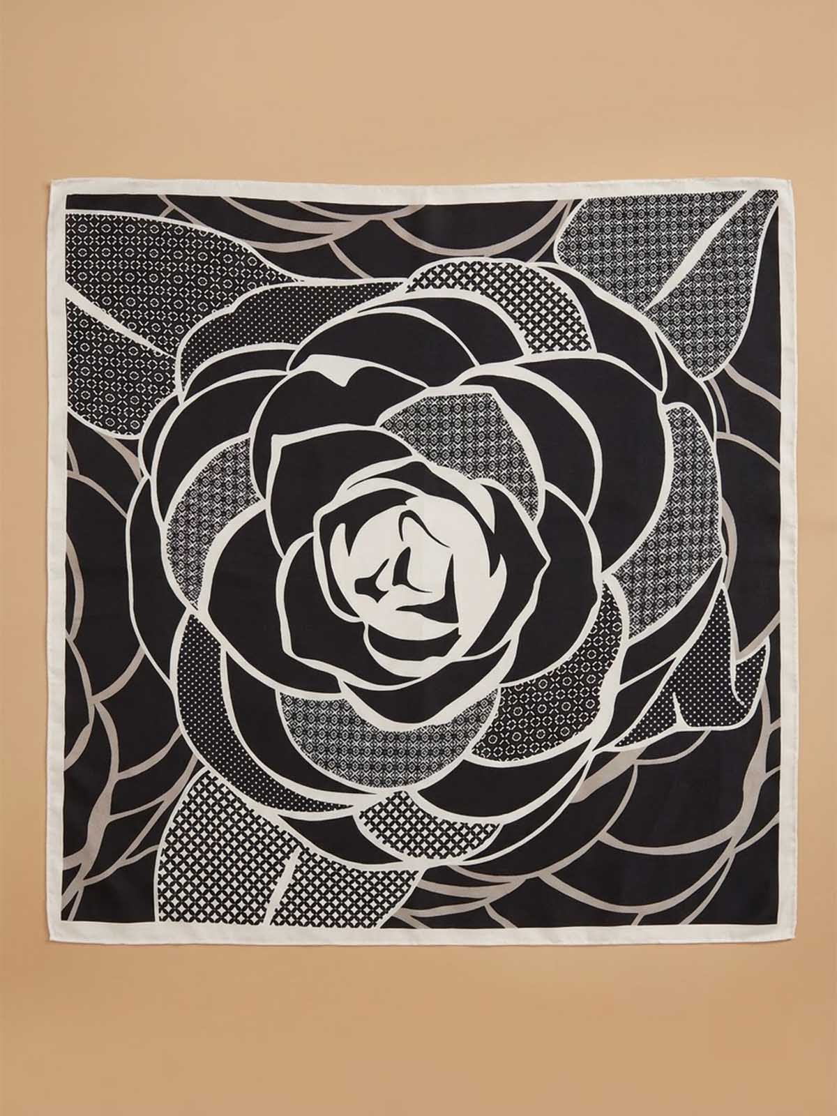 Square Camellia Floral Bloom Scarf with Textured Micro-Pattern Petals