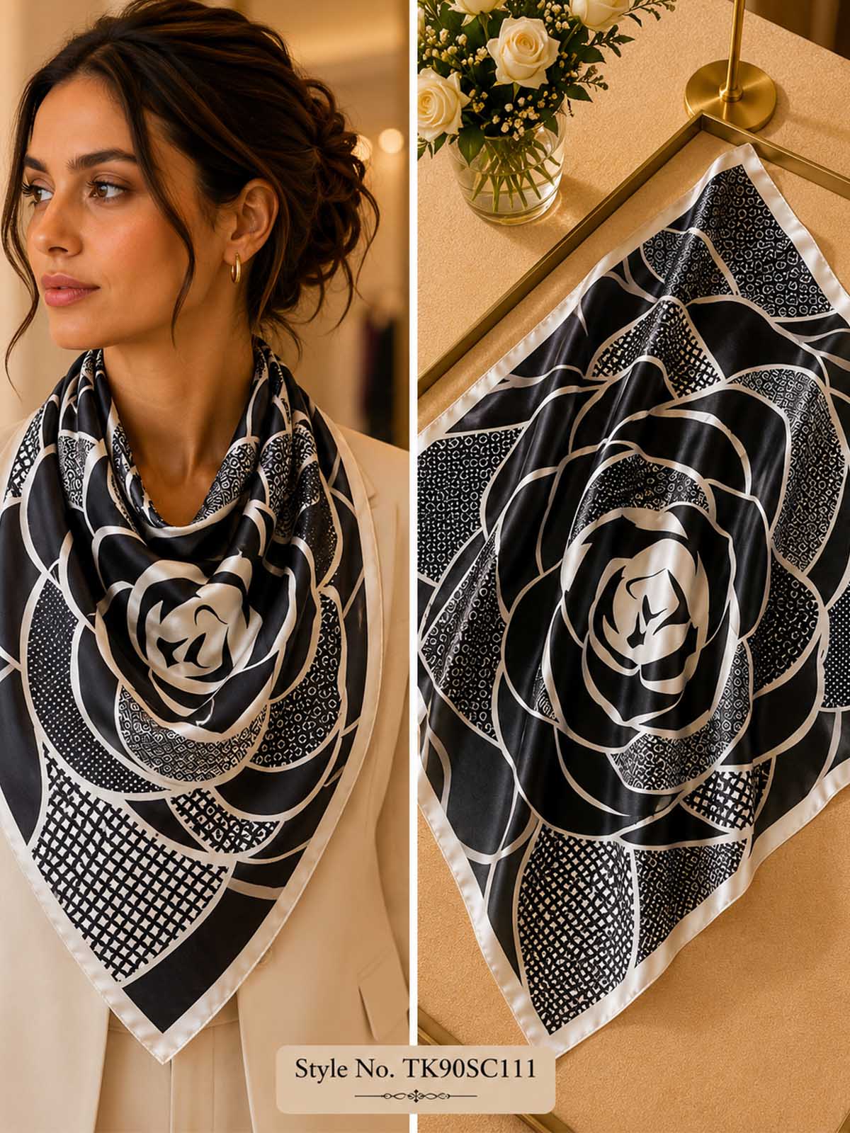 Square Camellia Floral Bloom Scarf with Textured Micro-Pattern Petals