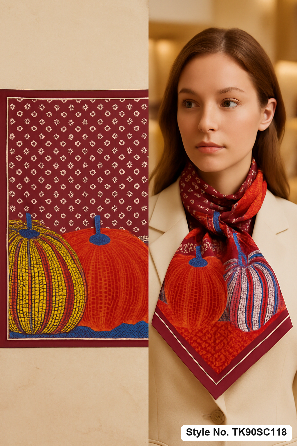 Square Abstract Pumpkin Art Scarf with Star & Fleur Motif Background