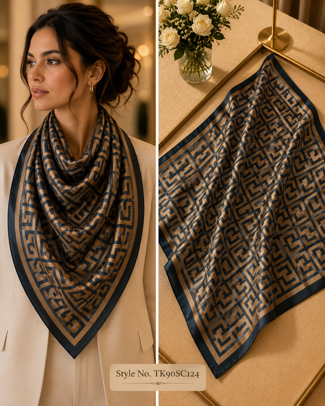 Square Interlocking Geometric Labyrinth Scarf with Solid Dark Border Frame