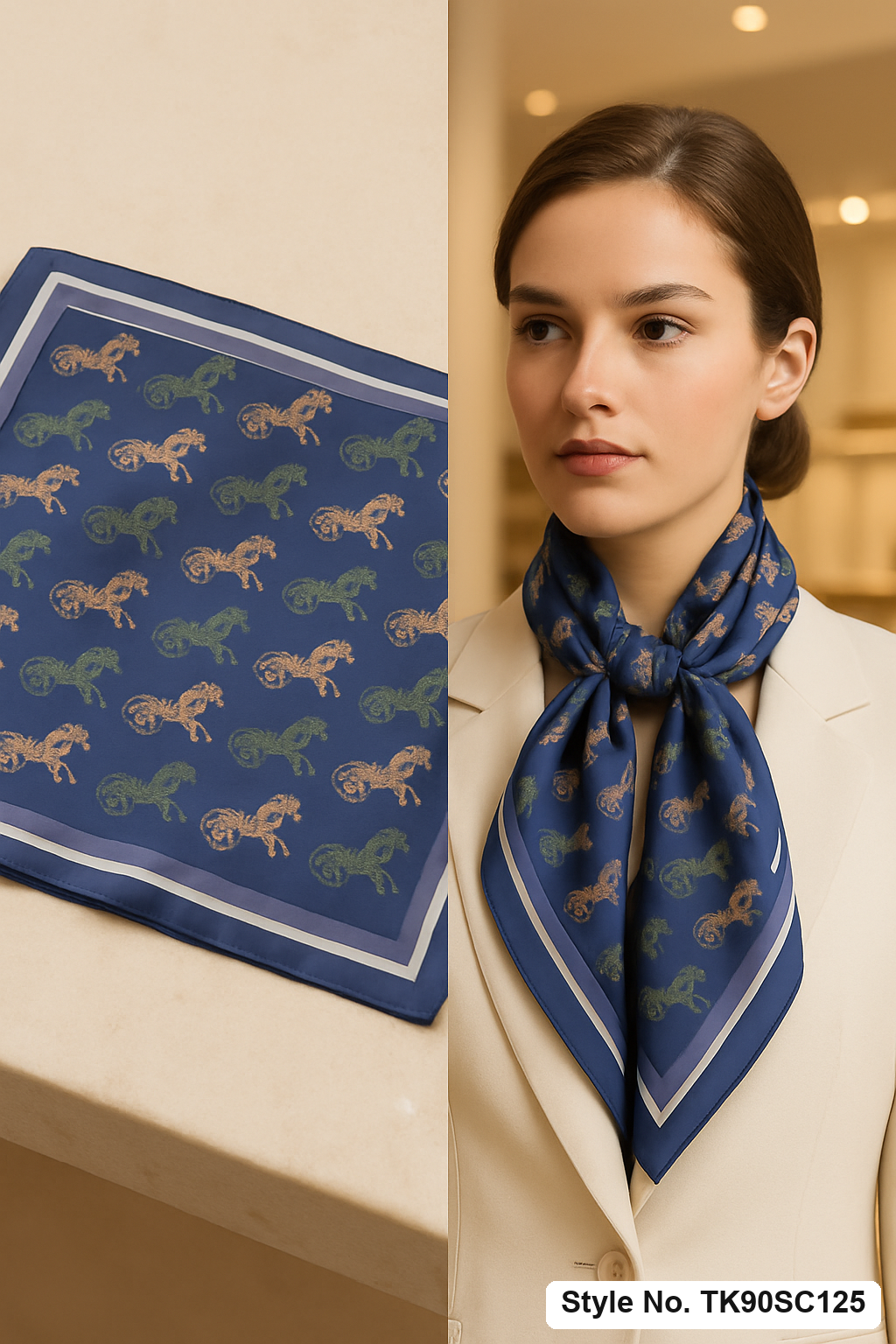 Square Carriage Motif Scarf with Striped Border Accent
