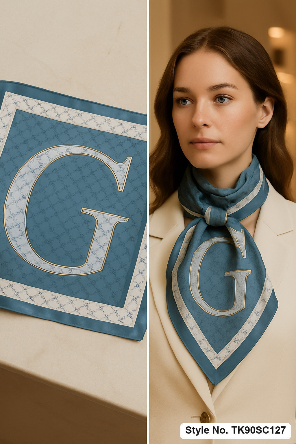 Square Blue Initial Letter Scarf with Multi-Framed Lattice Border