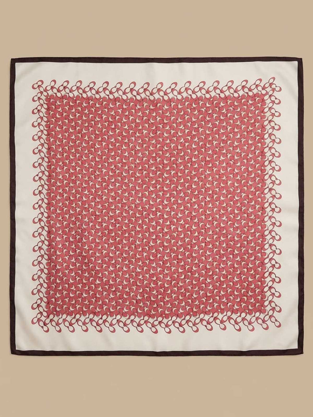 Square Crimson Micro-Emblem Field Scarf with Scalloped Loop Border