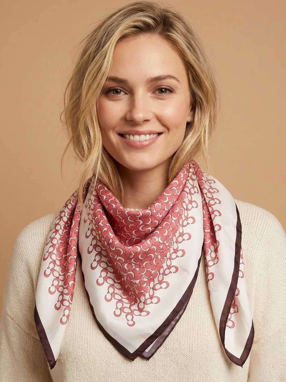 Square Crimson Micro-Emblem Field Scarf with Scalloped Loop Border