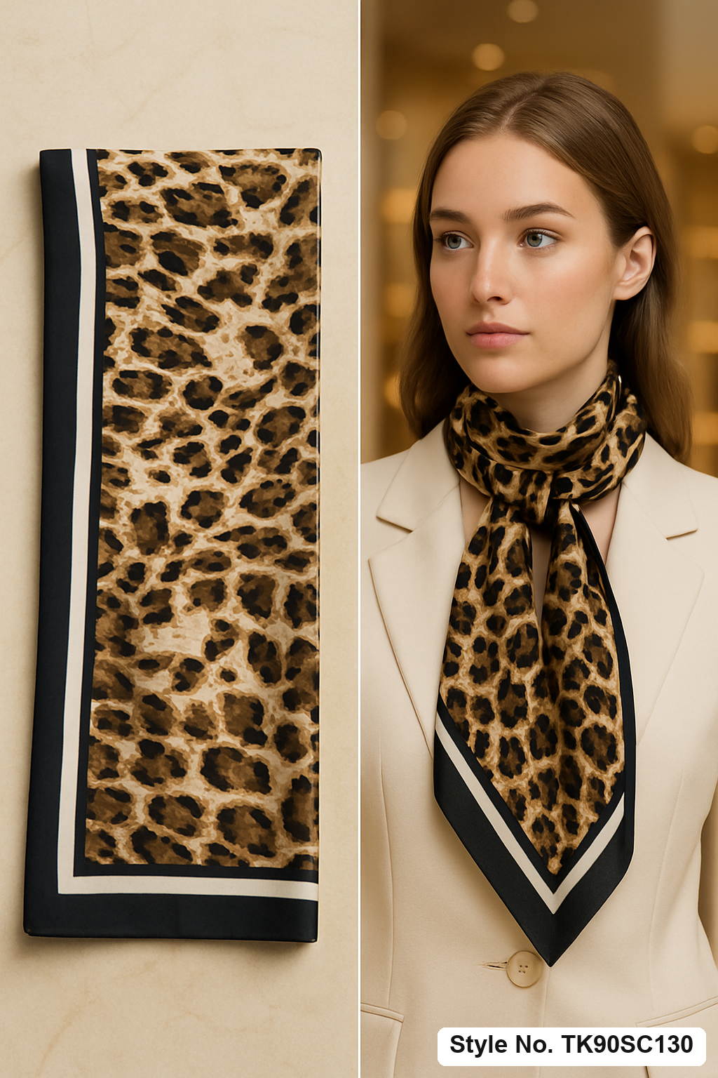 Square Leopard Print Scarf with Bold Striped Border Frame