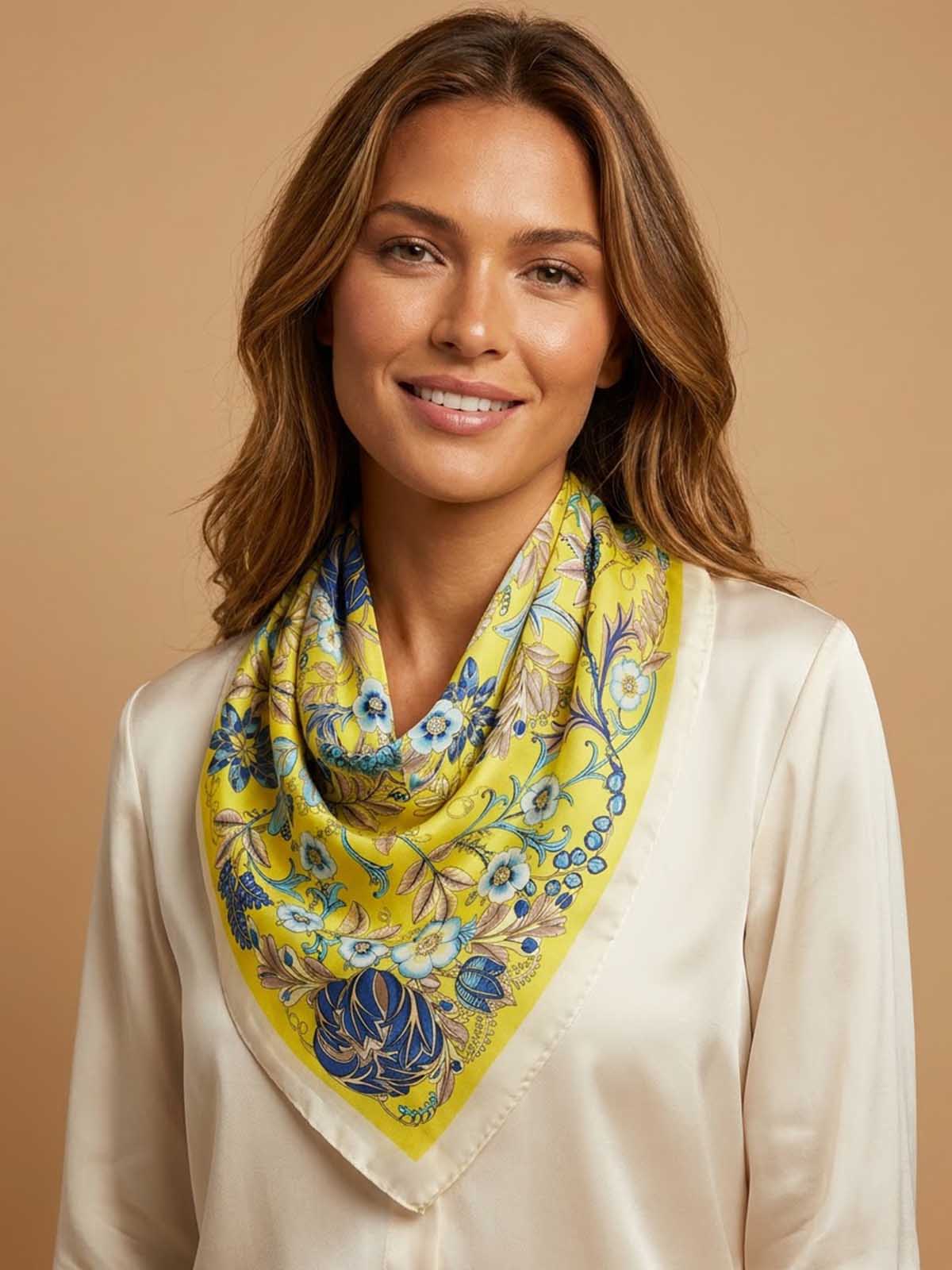 Square Botanical Floral Vine Scarf with Vibrant Sunny Field