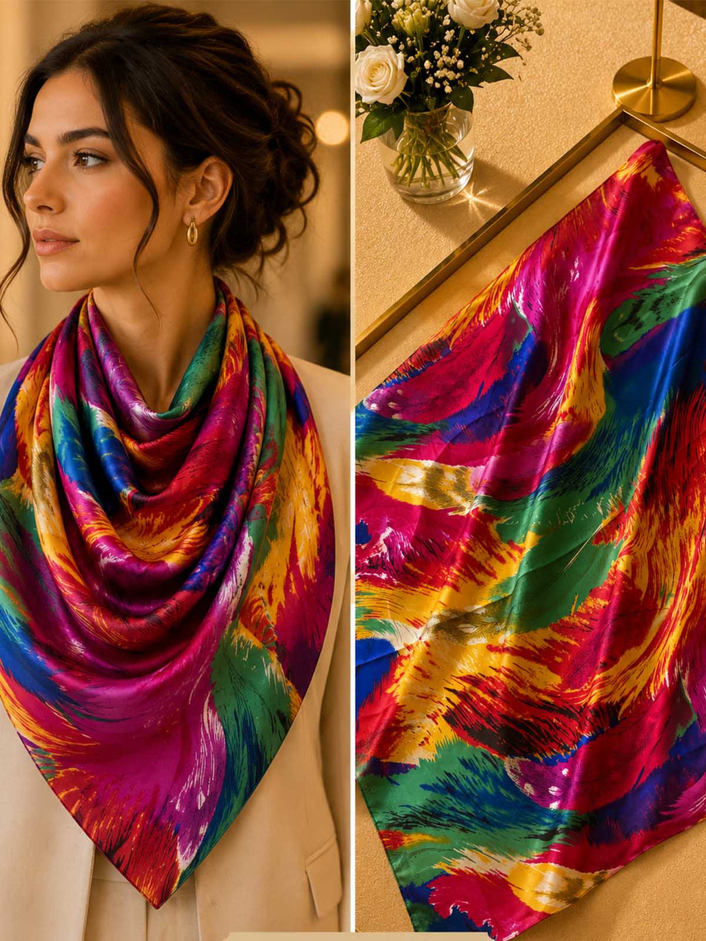 Square Abstract Brushstroke Feather Scarf with Vivid Multitone Palette