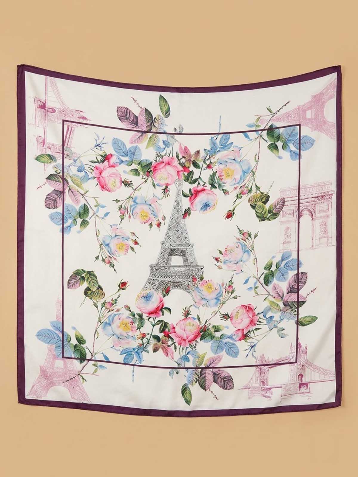 Square Parisian Monument and Floral Wreath Scarf with Dark Frame Border