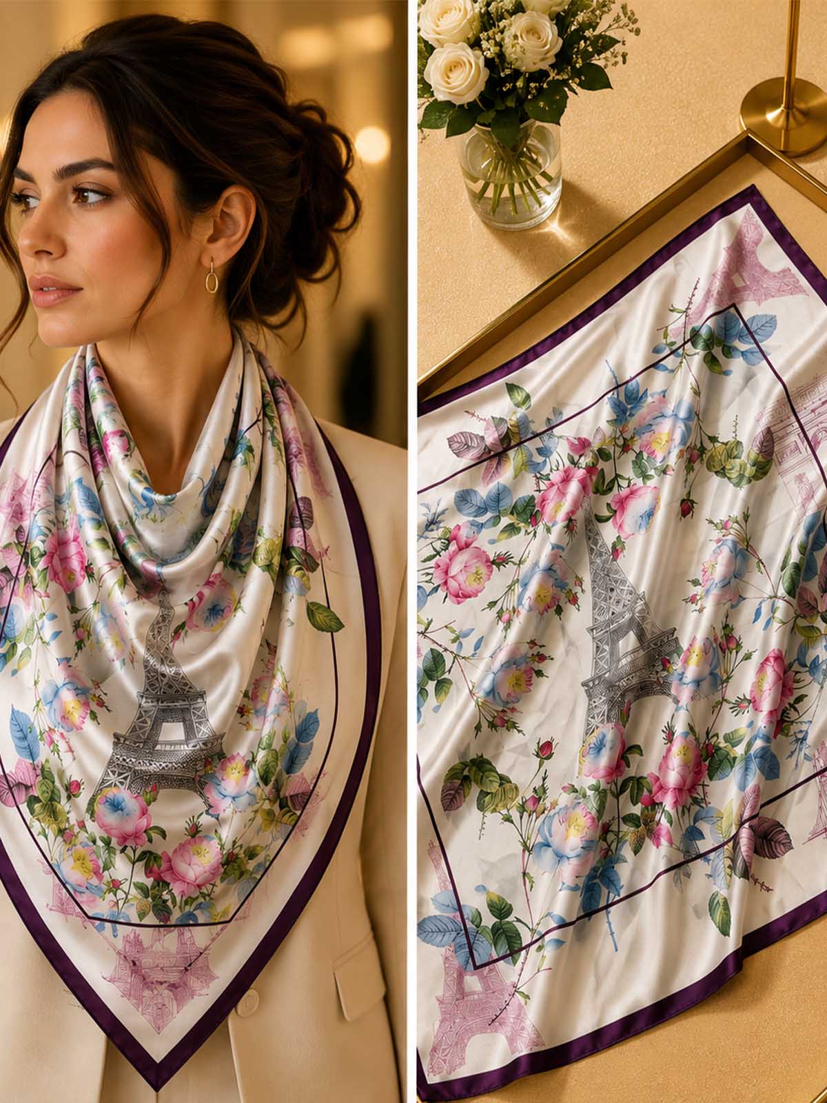 Square Parisian Monument and Floral Wreath Scarf with Dark Frame Border