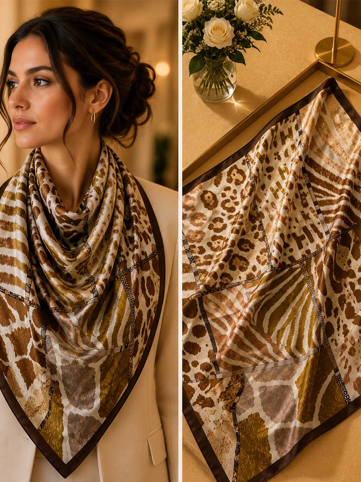 Square Multi-Panel Animal Motif Patchwork Scarf with Dark Frame