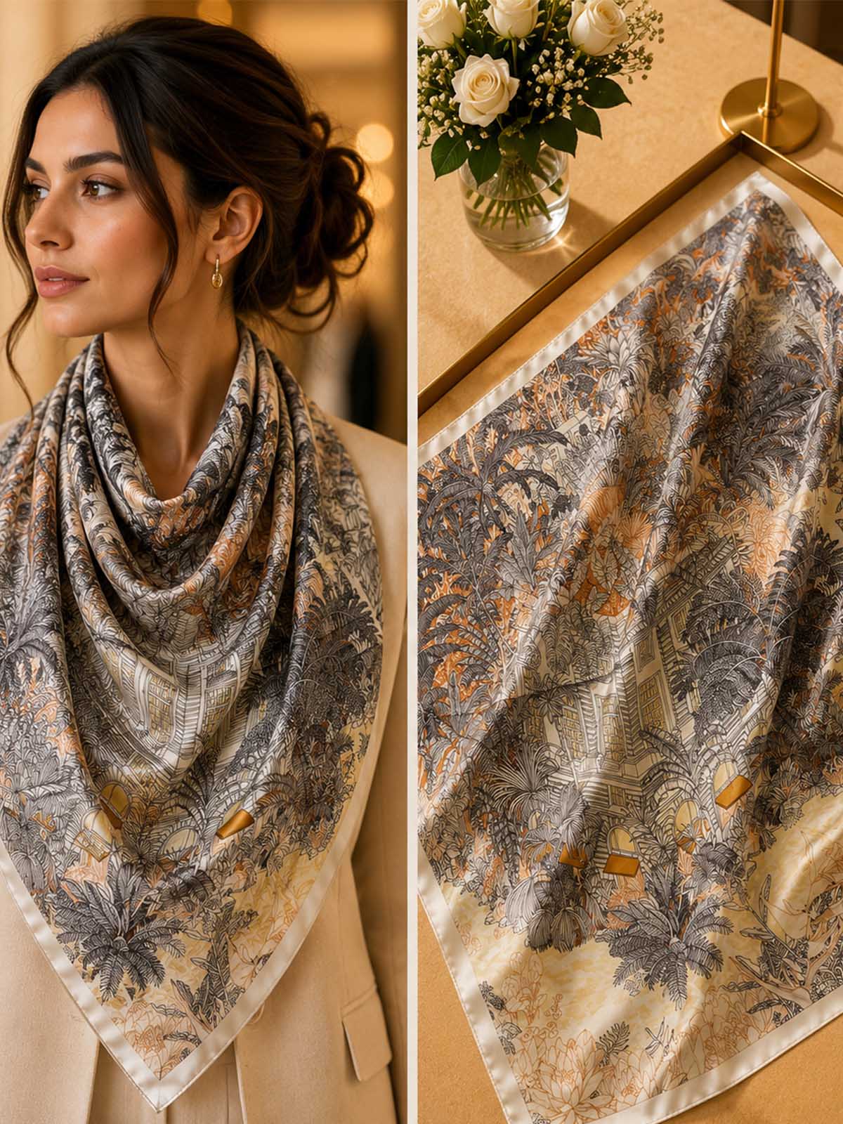 Square Tropical Botanical Landscape Scarf with Architectural Frame Border