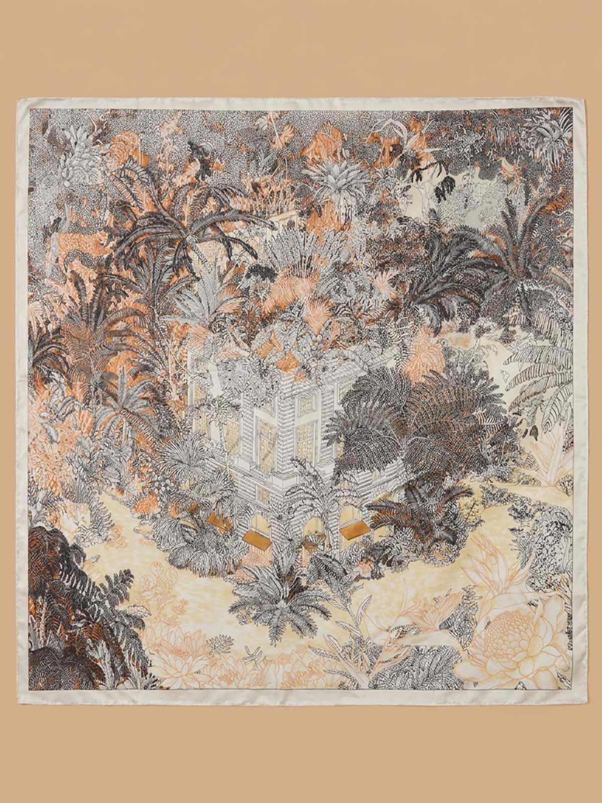 Square Tropical Botanical Landscape Scarf with Architectural Frame Border