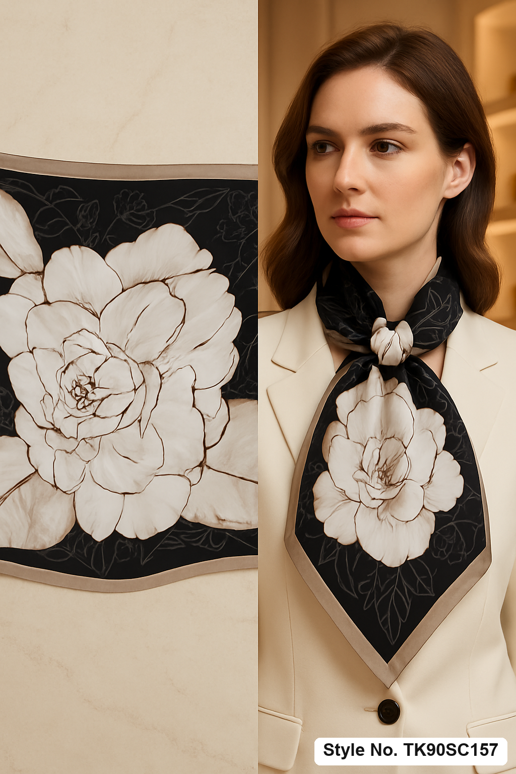 Black Scarf with Oversized Ivory Floral Design – TK90SC157