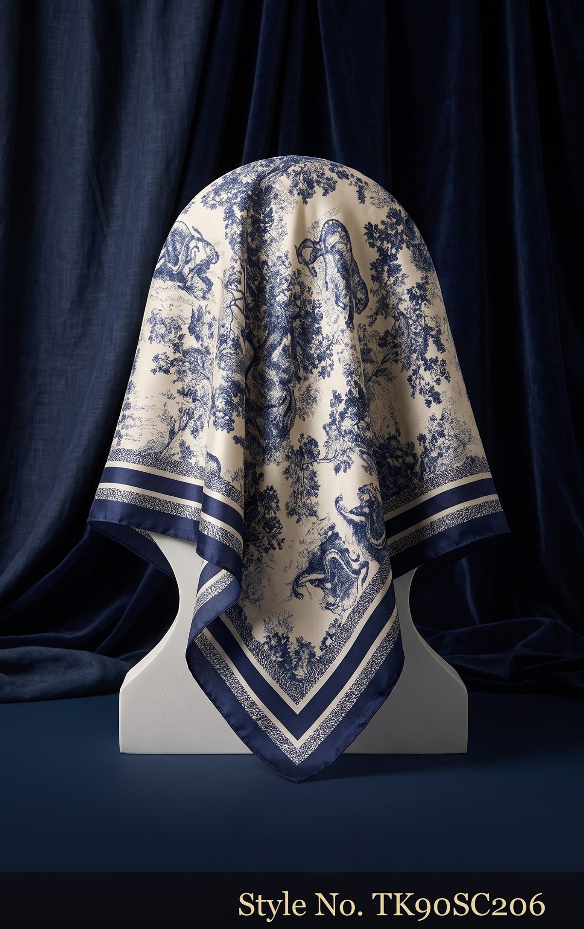 Navy Blue and Cream Toile de Jouy Wildlife Print Silk Scarf | TK90SC206