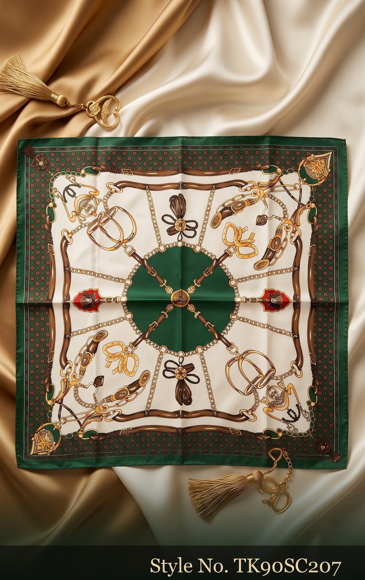 Ornate Chain and Medallion Scarf in Ivory & Green – TK90SC207