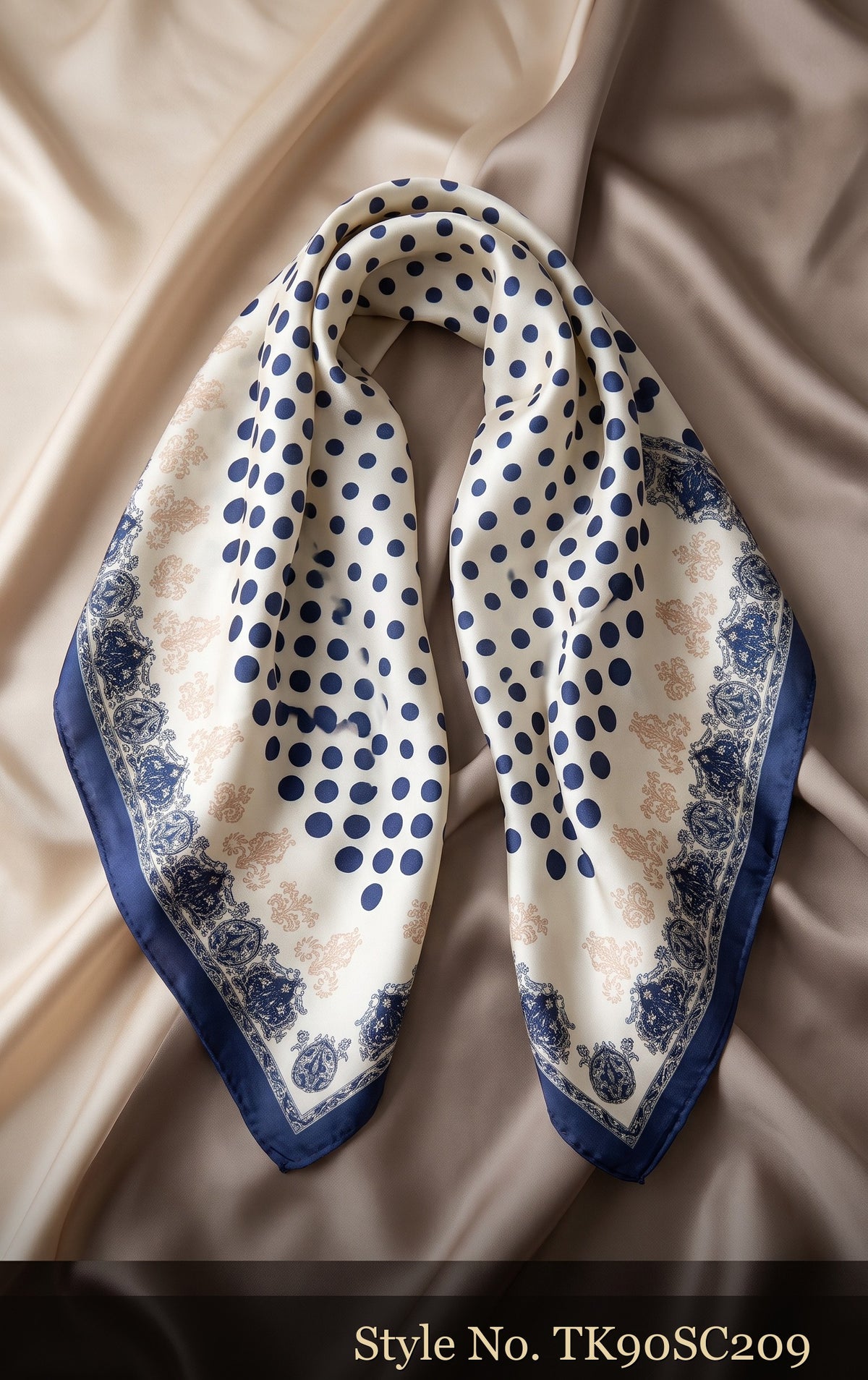 Navy Polka Dot Scarf with Ivory Lace-Style Border – TK90SC209