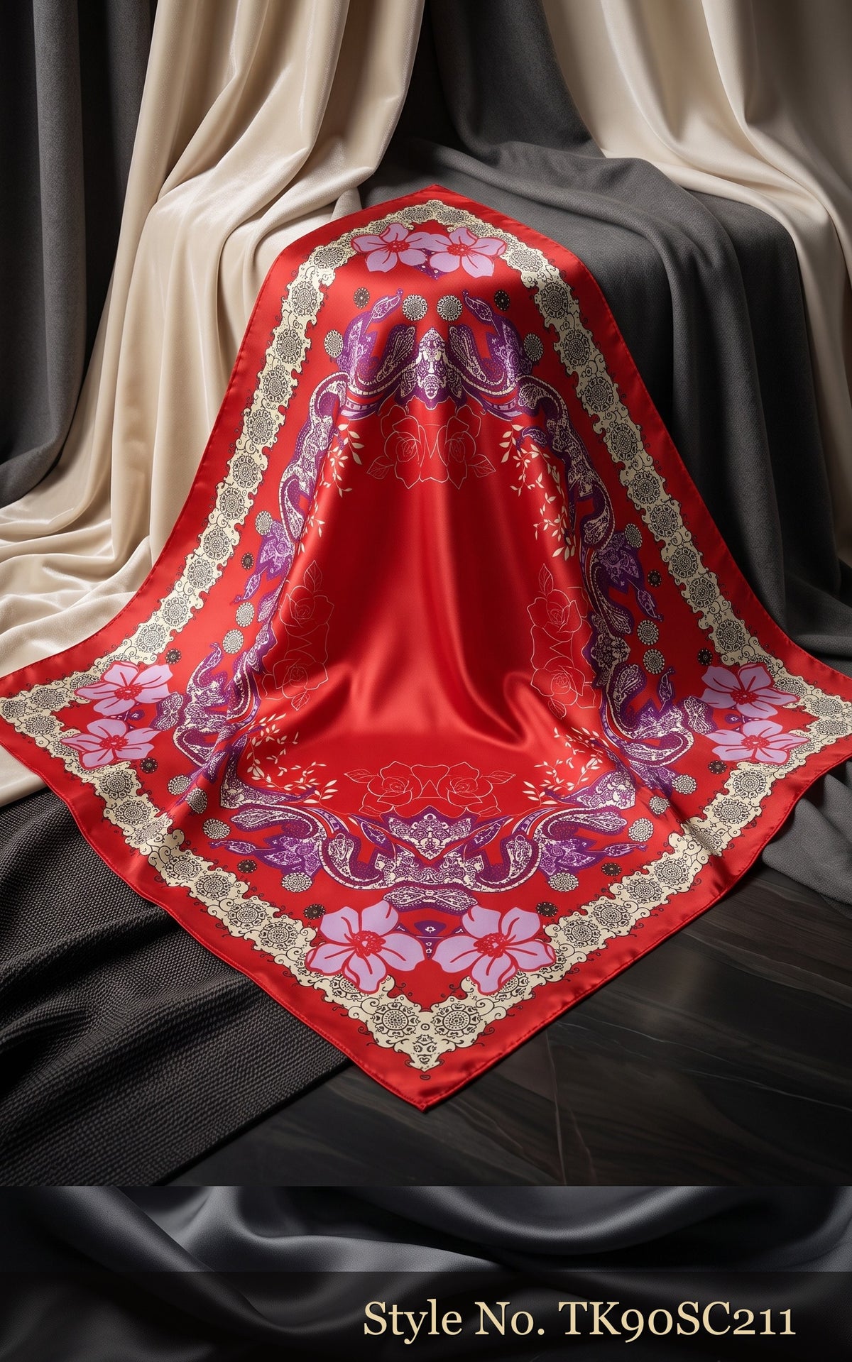 Red Paisley Scarf with Ornate Multicolor Border – TK90SC211