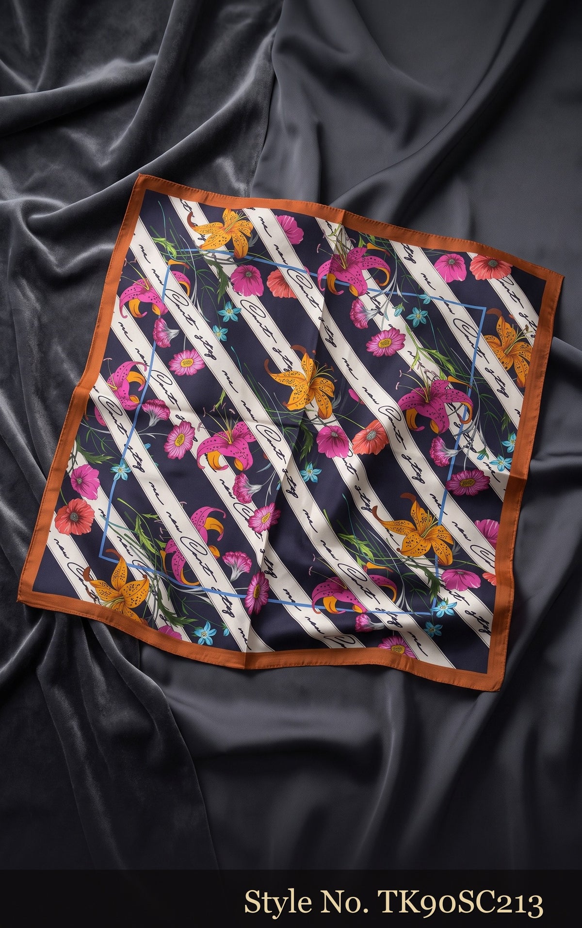 Black Scarf with Diagonal Pink and White Floral Stripes – TK90SC213