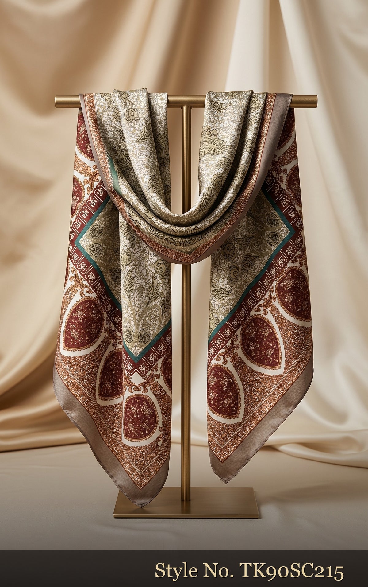Ivory Scarf with Pale Green Center and Burgundy Paisley Border – TK90SC215