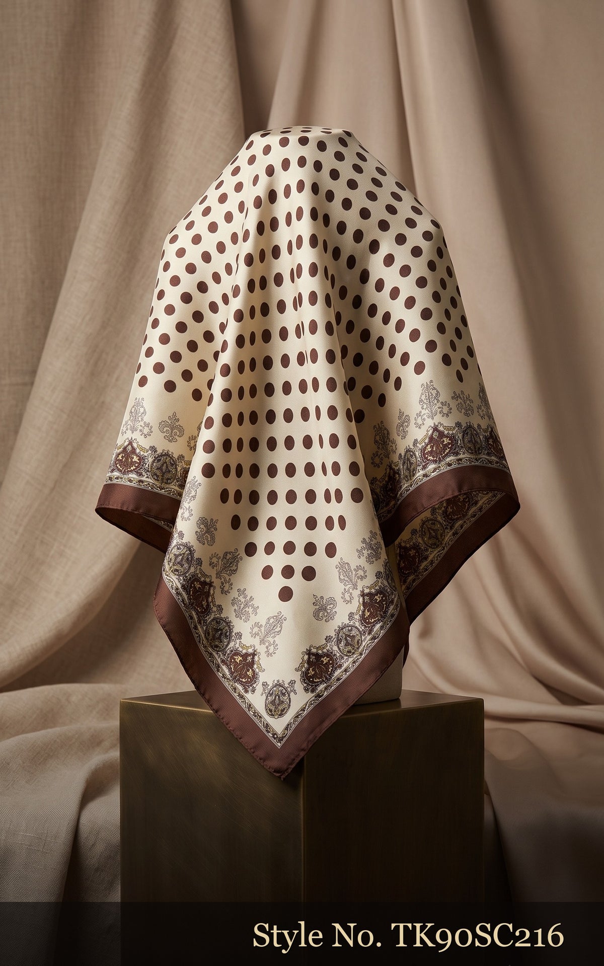 Ivory Scarf with Navy Polka Dot Center and Brown Floral Border – TK90SC216