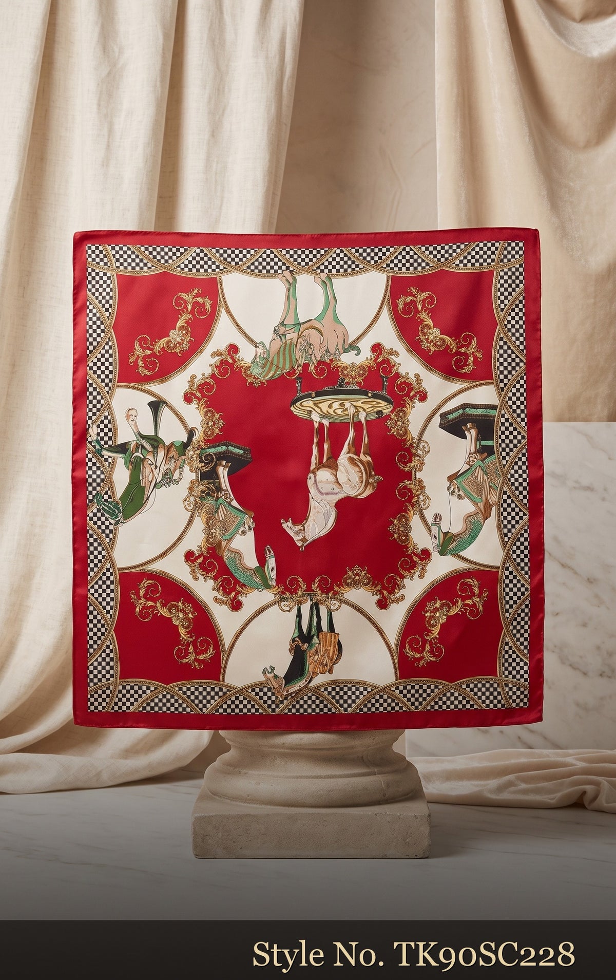 Red and Ivory Scarf with Green Botanical Panels – TK90SC228