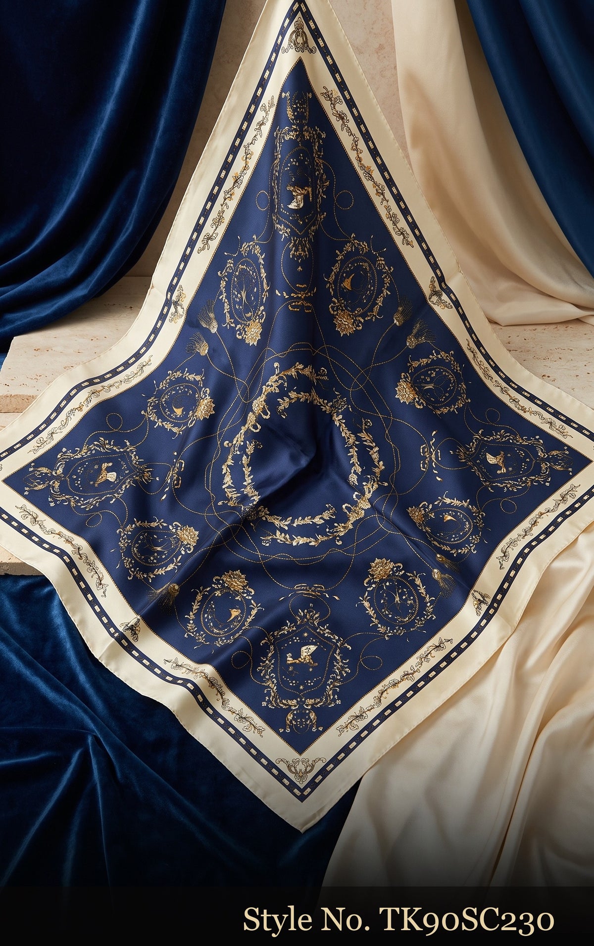 Navy Scarf with Gold Medallion and Ivory Ornamental Border – TK90SC230