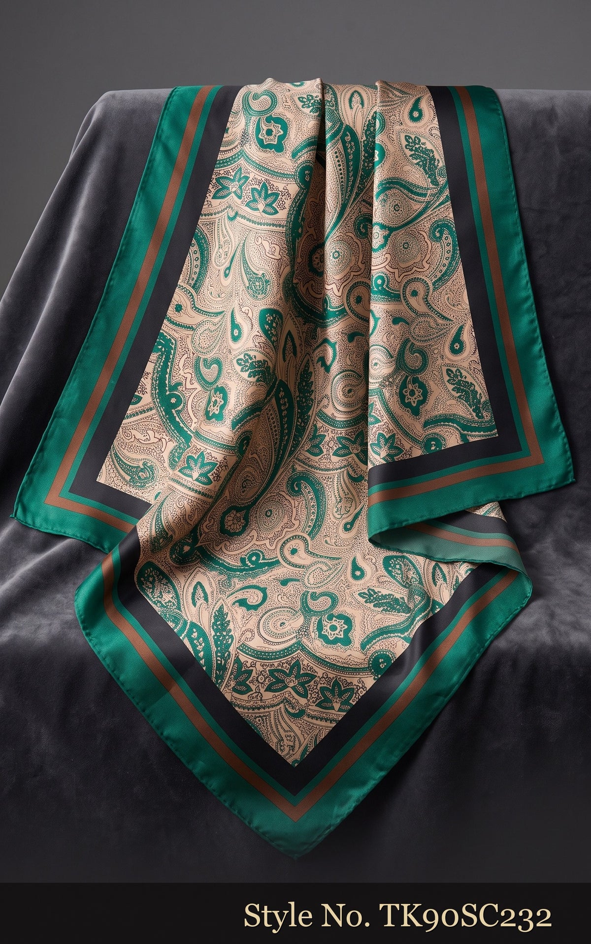 Seafoam Scarf with Paisley Print and Deep Green Border – TK90SC232