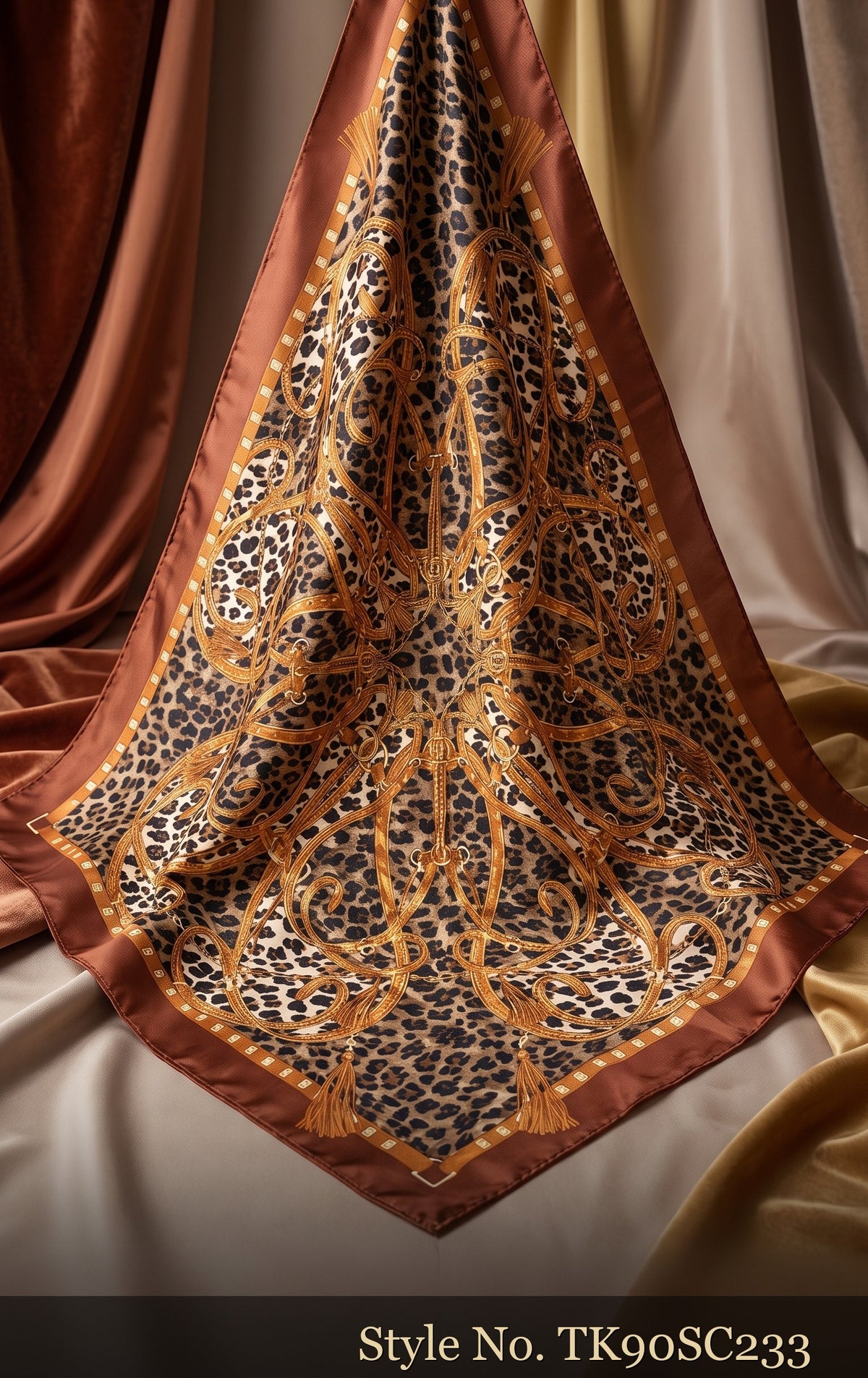 Brown Scarf with Intricate Ivory Geometric Lattice – TK90SC233
